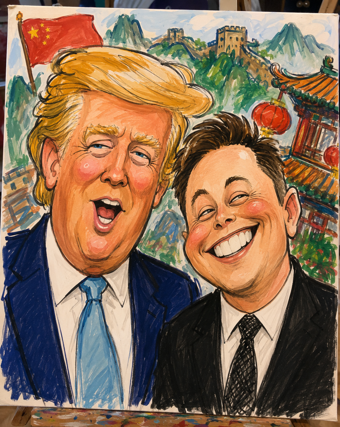 Painting Two Titans depicting Trump and Musk with a golden-red skyline